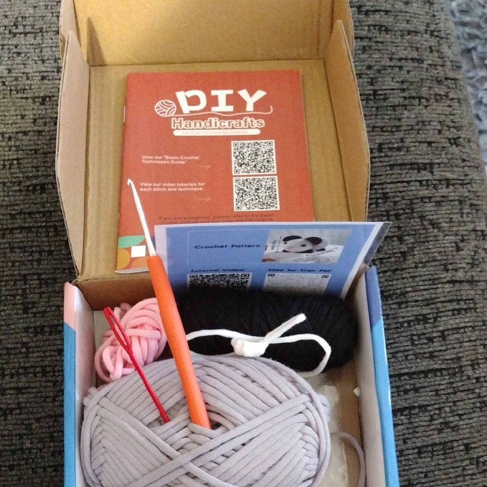 Crochet Kit with Gray, Black, and Pink Yarn